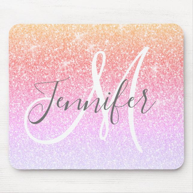 Mousepad Girly Rainbow Glitter Sparkles Nome do Monograma (Frente)