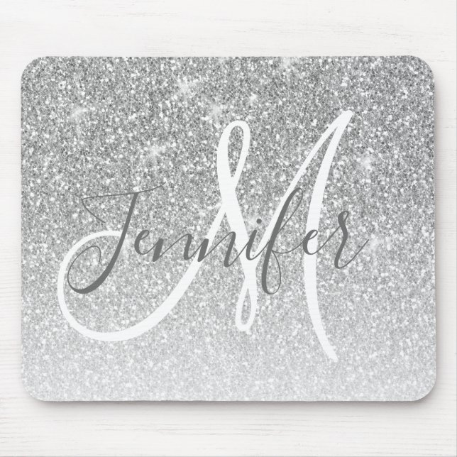 Mousepad Girly Silver Glitter Sparkles Cinza Monograma Nome (Frente)