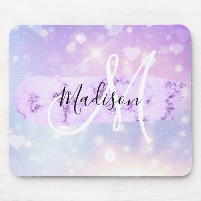 Mousepad Girly Sparkly Unicorn Rainbow Hearts Monograma (Frente)