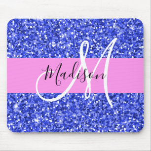 Mousepad Glam Azul Escuro Rosa Brilho Faíscas Nome Monogram