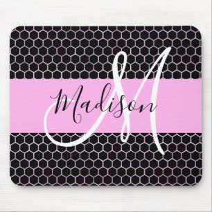 Mousepad Glam Black Metalk Pink Honeycomb Monograma Nome
