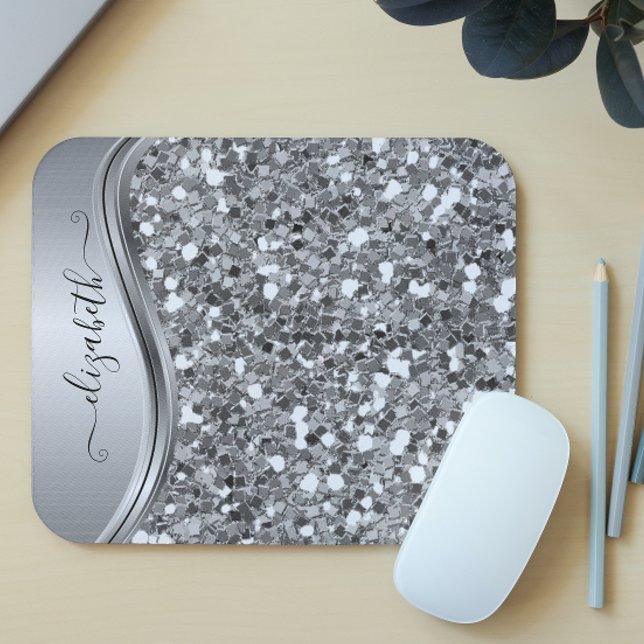 Mousepad Glam Bling Personalizado Caligrafia Brilho Prata (Criador carregado)