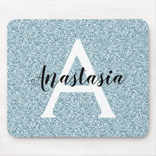 Mousepad Glam Blue Silver Glitter Sparkles Nome do Monogram (Frente)