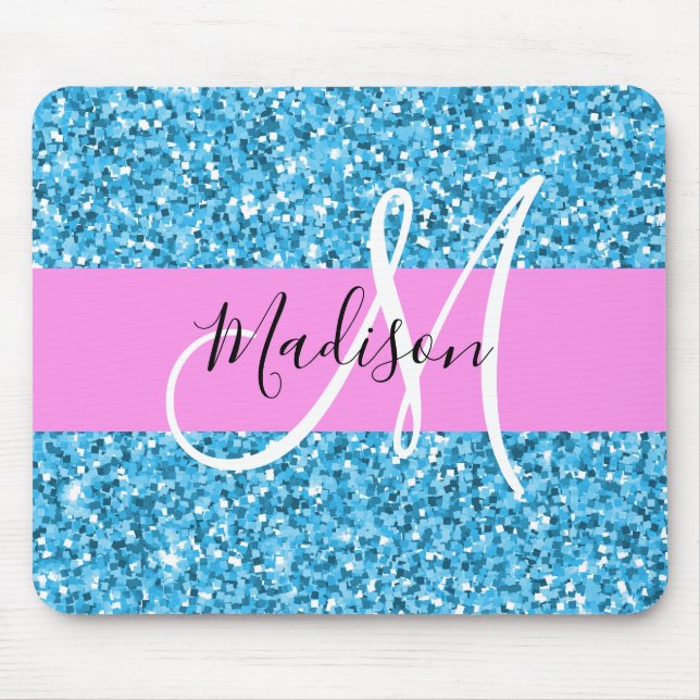Mousepad Glam Céu Azul Rosa Brilho Faíscas Nome Monograma (Frente)