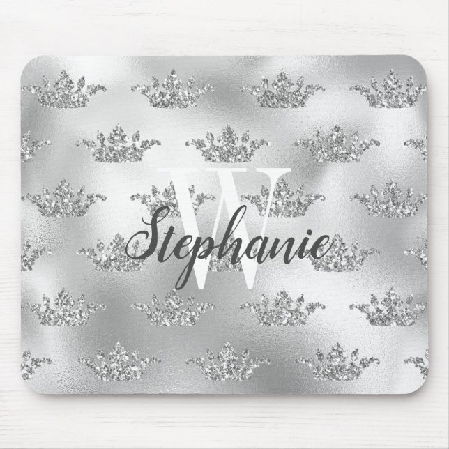 Mousepad Glam Coroa com Brilho em Folha de Prata Monograma (Frente)