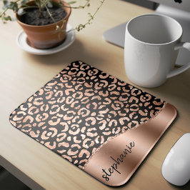 Mousepad Glam Faux Foil Leopard Spots Rosa Dourado Nome Neg