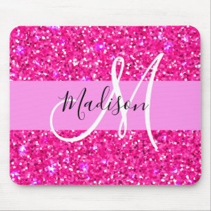 Mousepad Glam Girly Hot Pink Glitter Sparkles Nome Monogram