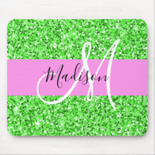 Mousepad Glam Pink and Green Glitter Sparkles Nome do Monog