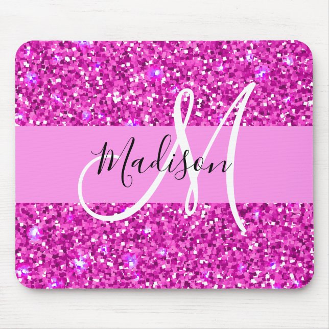 Mousepad Glam Pink & Magenta Glitter Sparkle Nome do Monogr (Frente)