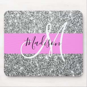 Mousepad Glam Pink & Silver Glitter Sparkles Nome do Monogr