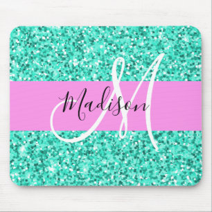 Mousepad Glam Pink Turquoise Glitter Sparkles Monogram Name