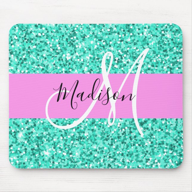 Mousepad Glam Pink Turquoise Glitter Sparkles Nome do Monog (Frente)