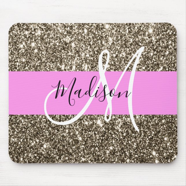 Mousepad Glam Rosa Champagne Dourado Brilho Monograma (Frente)