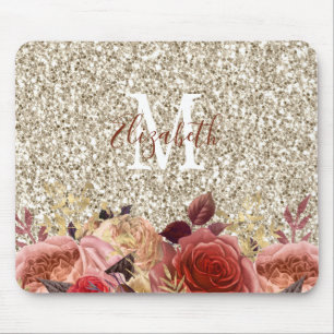 Mousepad Glam Rosa Dourado Floral Monograma Glitter