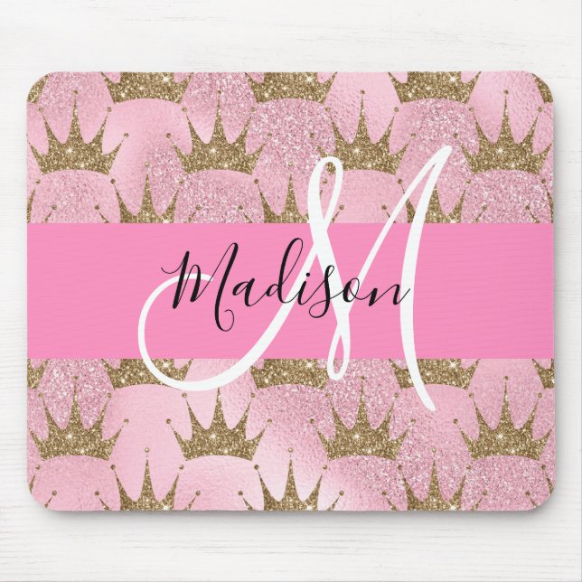 Mousepad Glam Rosa e Dourado Brilho Faíscas Coroas Monogram (Frente)