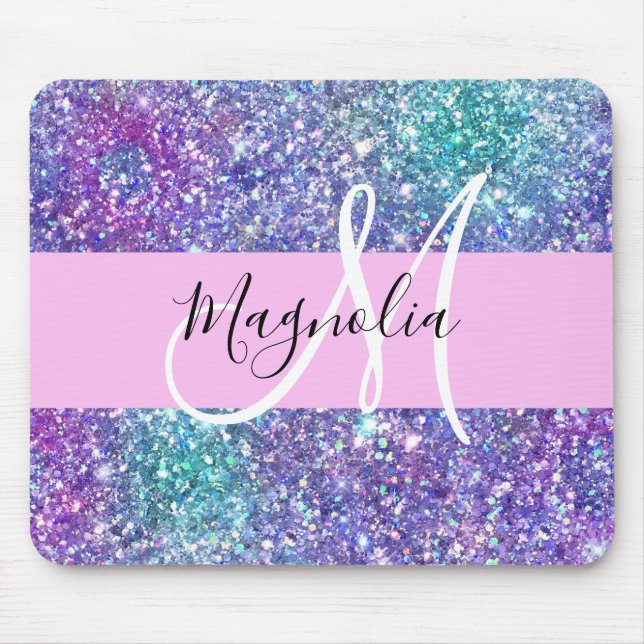 Mousepad Glam Roxo, Azul e Verde Brilho Monograma (Frente)