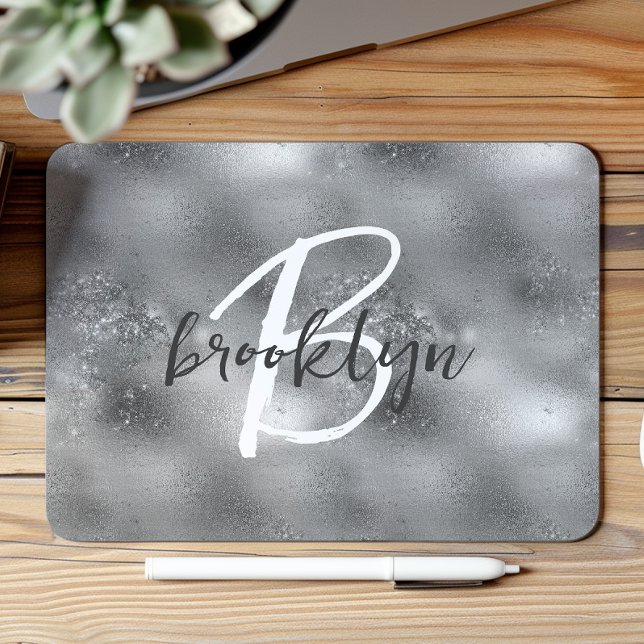 Mousepad Glam Silver Trendy Script Monogram  (Criador carregado)