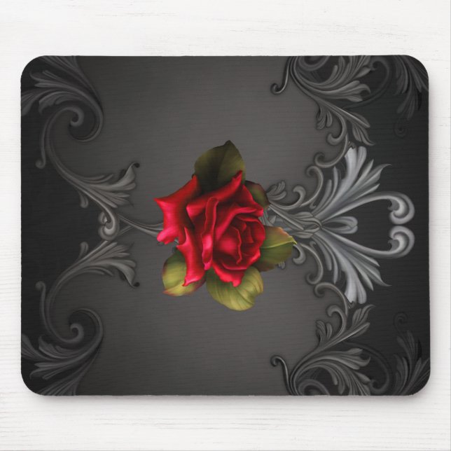 Mousepad Glamor Gótico Rosa vermelha Grelha Ornamental Negr (Frente)