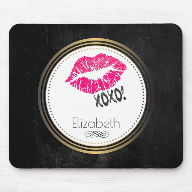 Mousepad Glamorosa Lábios de Kissy Rosa com xoxo! Personali (Frente)