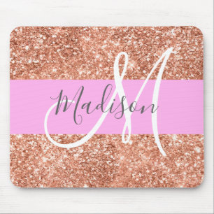 Mousepad Glamour Rosa Dourado Brilho Monograma Nome