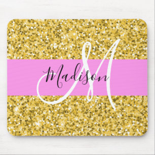 Mousepad Glamour Rosa e Dourado Brilho Faíscas Monograma No