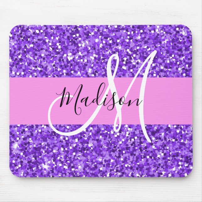 Mousepad Glamour Roxo & Brilho Glitter Monograma Nome (Frente)