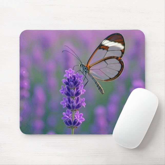 Mousepad Glasswing Butterfly On a Lavender Blossom (Com mouse)
