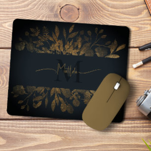 Mousepad Glitter azul-cinzento e dourado Monograma floral d