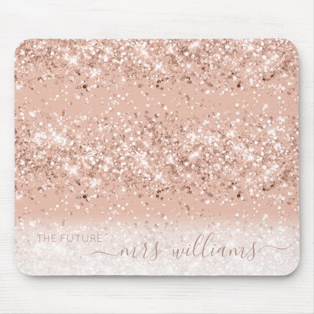 Mousepad Glitter Blush Pink Rose Dourado Futuro Sra. Bride (Frente)