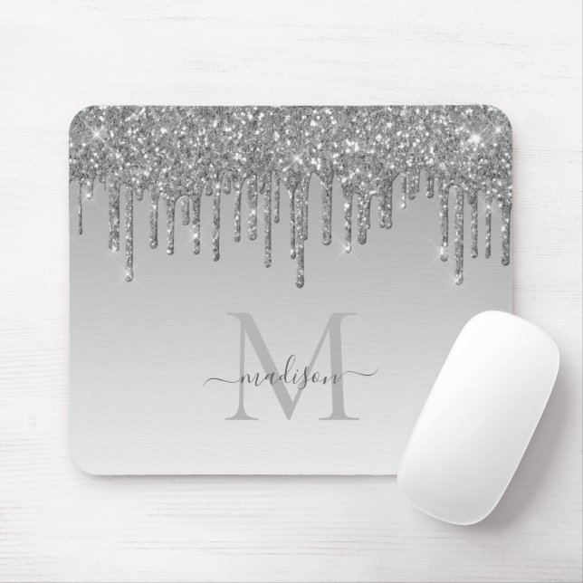 Mousepad Glitter Coloca Cinza de Prata Monograma Elegante (Com mouse)