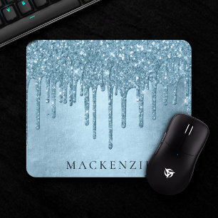 Mousepad Glitter de Gelo   Blue Faux Sparkle Monograma
