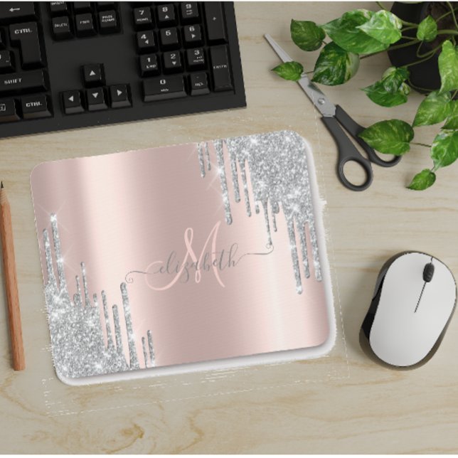 Mousepad Glitter de Prata Moderna Drives Rosa Monograma Dou (Criador carregado)