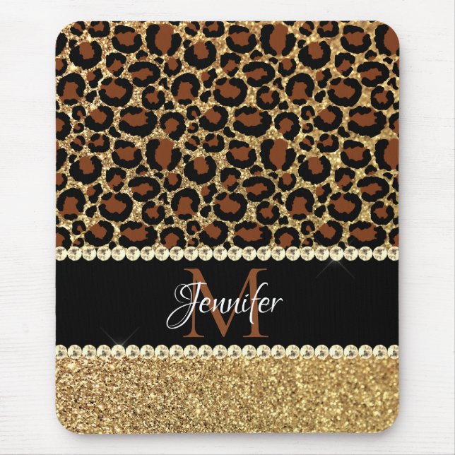 Mousepad Glitter Dourado Leopardo Monograma Glam Feminino (Frente)