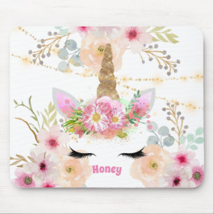 Mousepad Glitter Dourado Rosa Unicorn Roda Rostos Raparigas