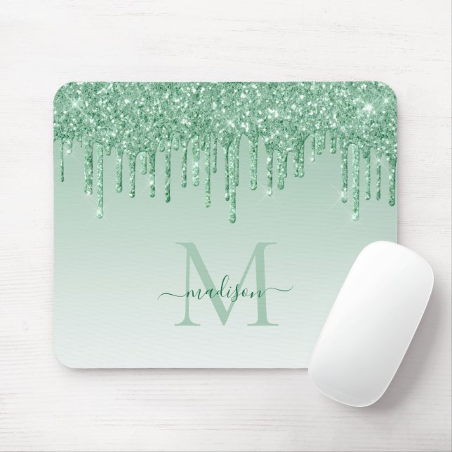 Mousepad Glitter Drives Mint Green Sparkle Monograma Elegan (Com mouse)