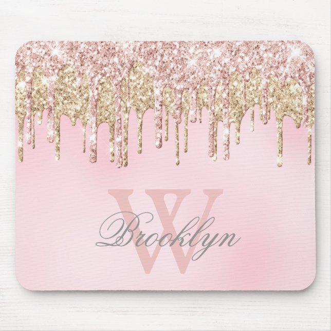 Mousepad Glitter Gota Girly Blush Rosa Rosa Monograma Doura (Frente)