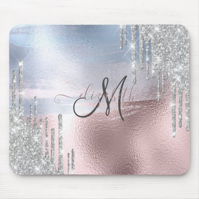 Mousepad Glitter prateado gotas Rosa azul Dourado metálico (Frente)