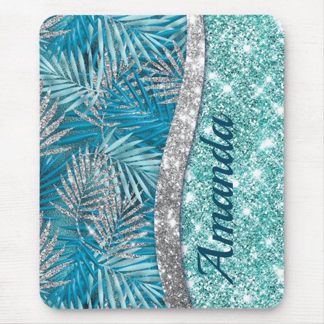 Mousepad Glitter prateado verde-cinzento deixa monograma (Frente)
