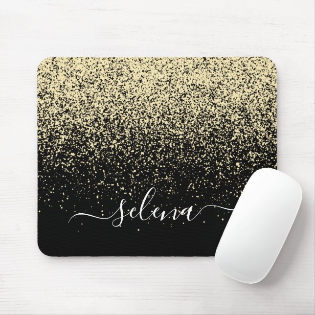 Mousepad Glitter Preto Dourado Monograma Menina (Com mouse)