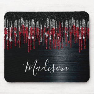 Mousepad Glitter preto e vermelho-prateado chic goteja mono