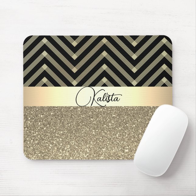 Mousepad Glittery Dourada e Black Chevron Personalizado (Com mouse)
