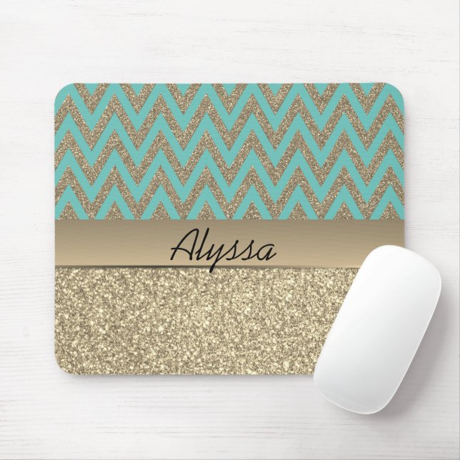 Mousepad Glittery Dourada e Blue Chevron (Com mouse)