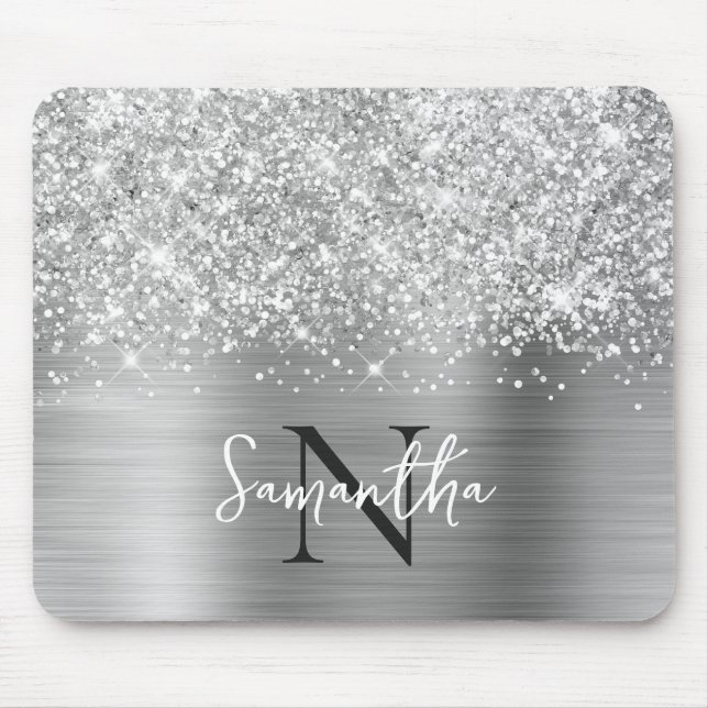 Mousepad Glittery Silver Cinza Glam Monograma (Frente)