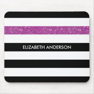 Mousepad Glitz Roxo e Nome Modernos de Black Stripes FAUX