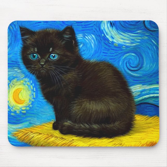 Mousepad Gogh Style Starry Night Cat (Frente)