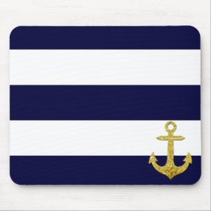 Mousepad Gold anchor nautical stripes 