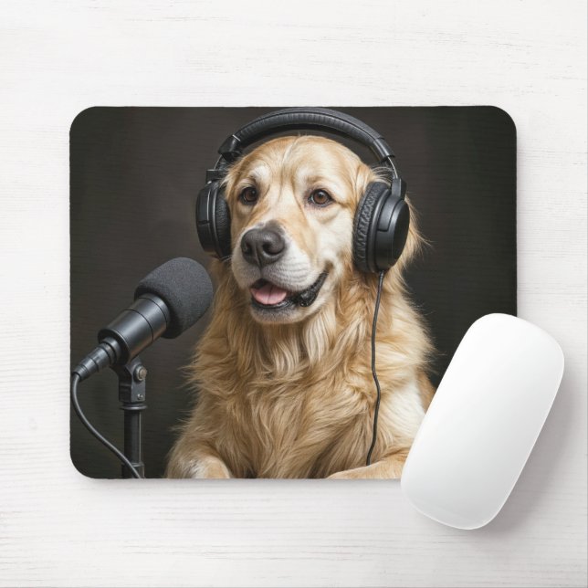 Mousepad Golden Retriever Apresentando um Podcast (Com mouse)