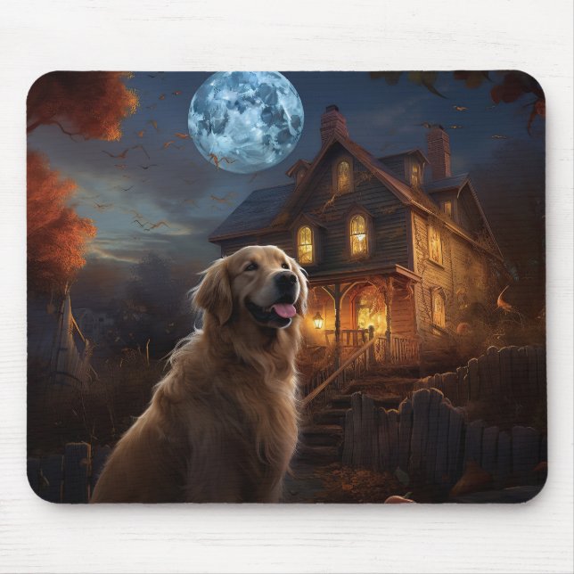 Mousepad Golden Retriever Dia das Bruxas Assustador (Frente)
