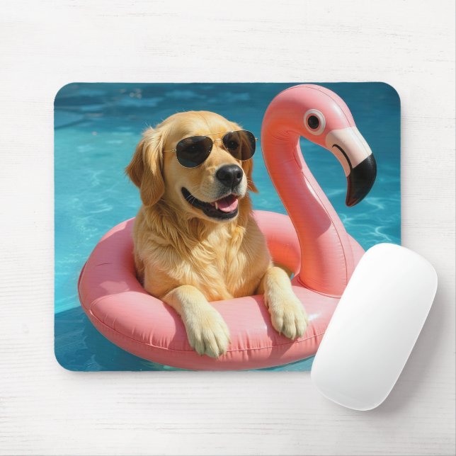 Mousepad Golden Retriever Floating With Flamingo (Com mouse)