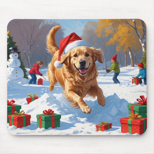 Mousepad Golden Retriever na Neve com Chapéu de Natal (Frente)